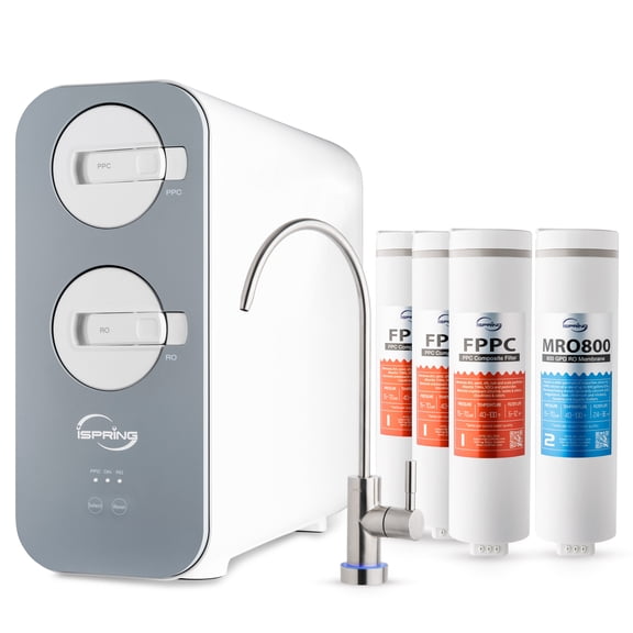 iSpring RO800G Tankless RO System, 800 GPD Fast Flow, 2.5:1 Pure to Drain, Removes Chlorine, PFAS, Fluoride, Lead & Arsenic, w/ Brushed Nickel Faucet and F4-RO800 3-Year Replacement Filter Pack