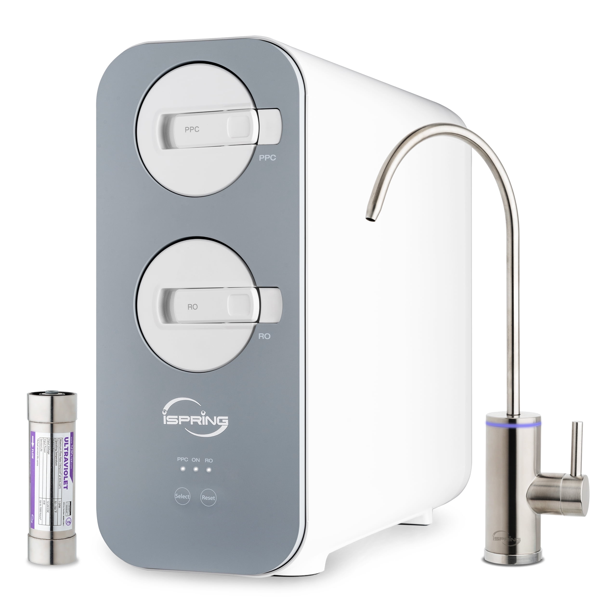 iSpring RO800G+UVF8 Tankless Reverse Osmosis System with LED UVF8 Light, 800 GPD Fast Flow RO System, 2.5:1 Pure to Drain Ratio RO Water Filter System, Brushed Nickel Faucet