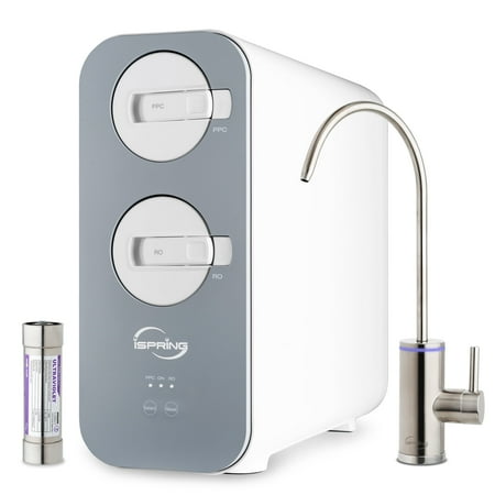 iSpring RO800G+UVF8 Tankless Reverse Osmosis System with LED UVF8 Light, 800 GPD Fast Flow RO System, 2.5:1 Pure to Drain Ratio RO Water Filter System, Brushed Nickel Faucet