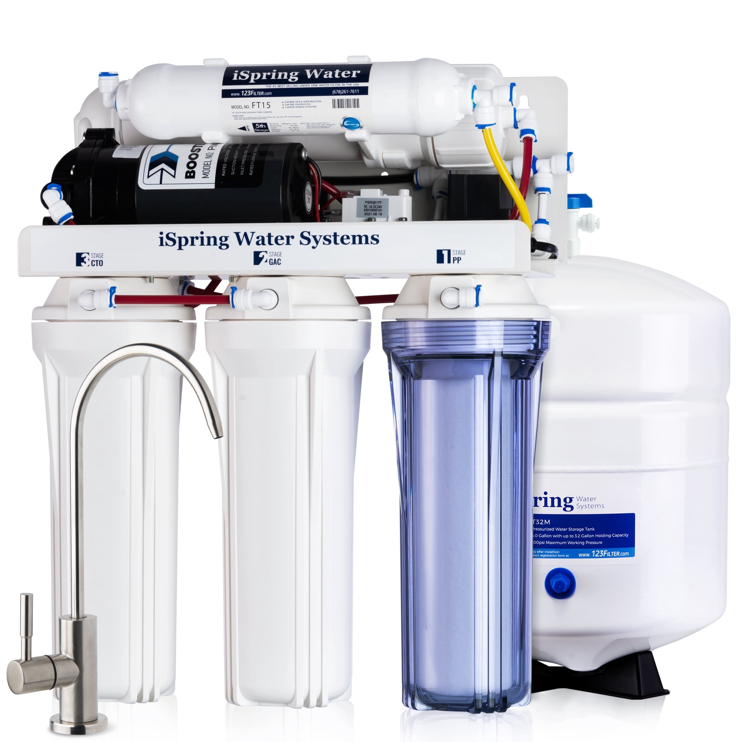 iSpring RCC7P 5-stage Reverse Osmosis Water Filter RO Filtration System with Boost Pump