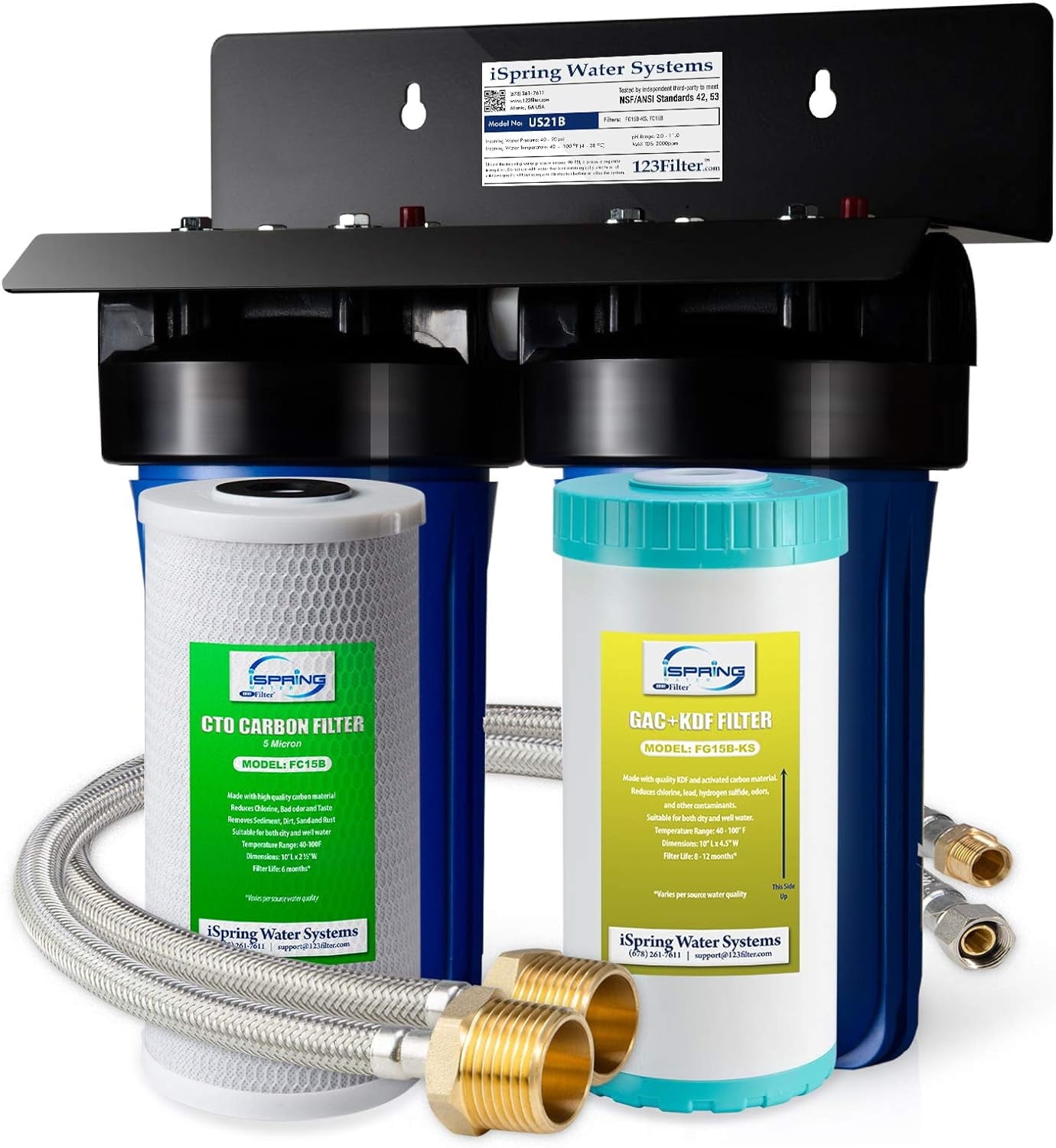 iSpring US21B Heavy Duty 2-Stage Undersink Water Filtration System with 10” x 4.5” GAC+KDF and CTO Carbon Block Filters, 1” Ports