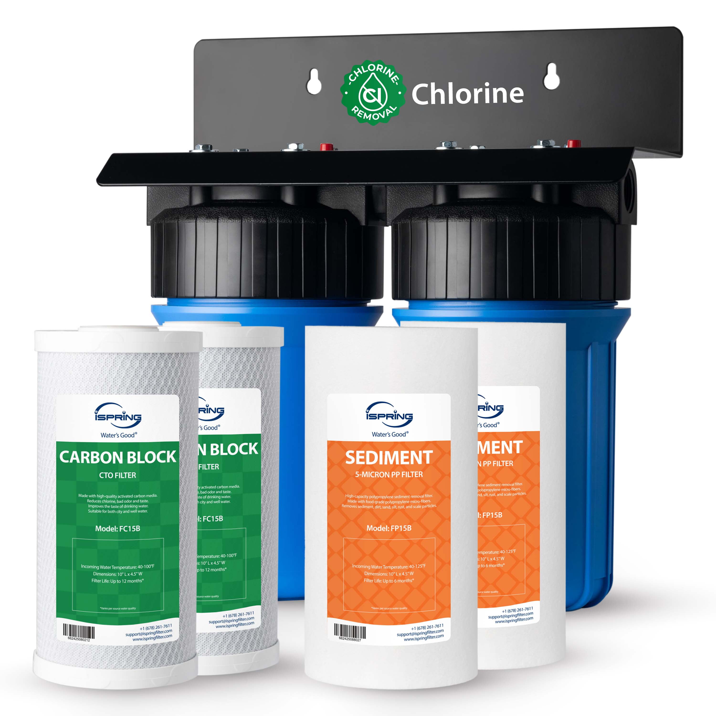 iSpring WGB21B 2-Stage Whole House Water Filtration System, Reduces Sediment, Chlorine, Taste, and Odor, 10” x 4.5” Filters with 1” Inlet/Outlet, w/Additional 6-Month Replacement Filter Set