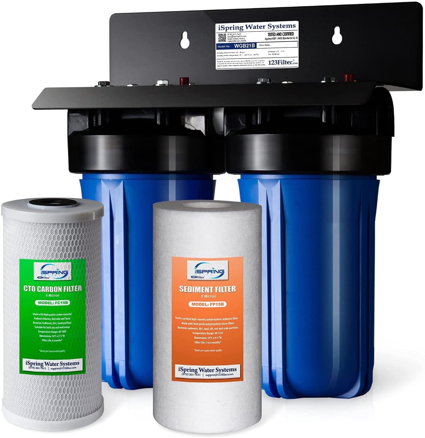iSpring Whole House Water Filter System, Reduce 99% Chlorine, Chemical, Sediment, Taste & Odor, SGS-Tested 5-Layer Whole House Filter System, 10” x 4.5” Filters,1” Inlet/Outlet, Model: WGB21B