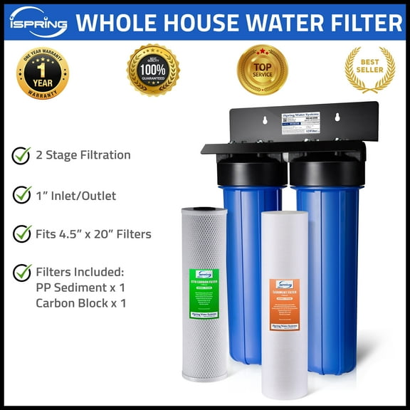 iSpring WGB22B 2-Stage Whole House Water Filtration System with 20” x 4.5” Fine Sediment and Carbon Block Filters, Removes 99% of Chlorine