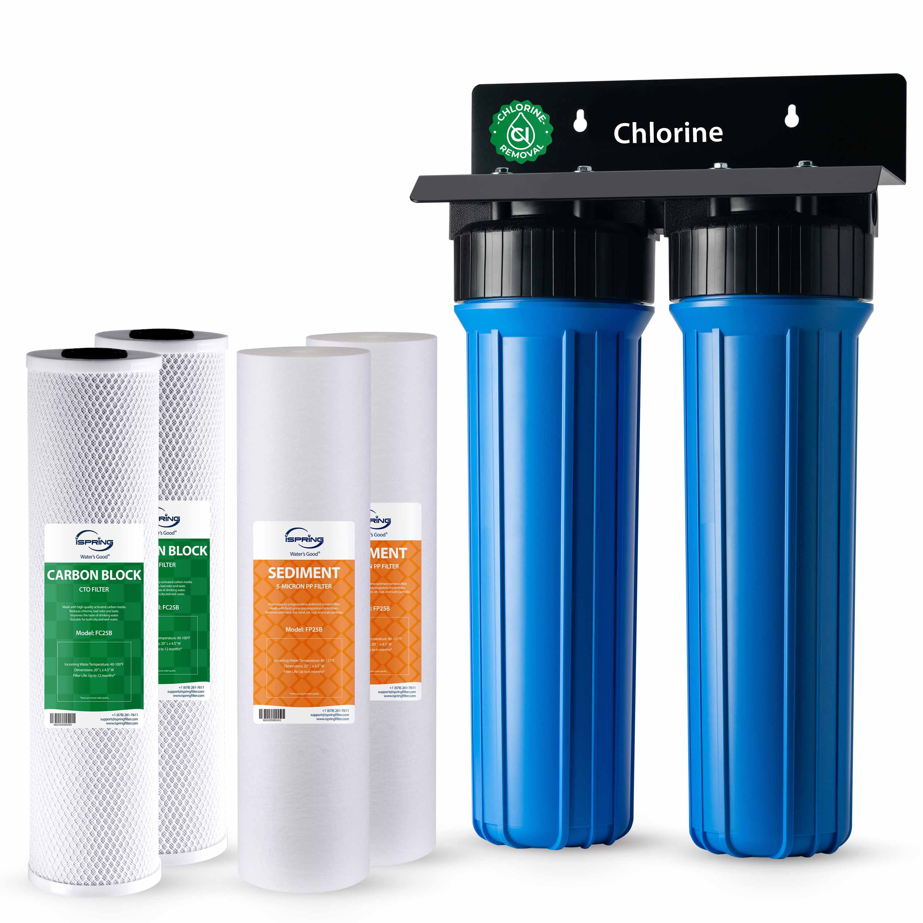 iSpring WGB22BF2 2-Stage Whole House Water Filtration System, Reduces Rust, Chlorine, Odors, and Cloudiness, w/Additional Replacement Filter Set