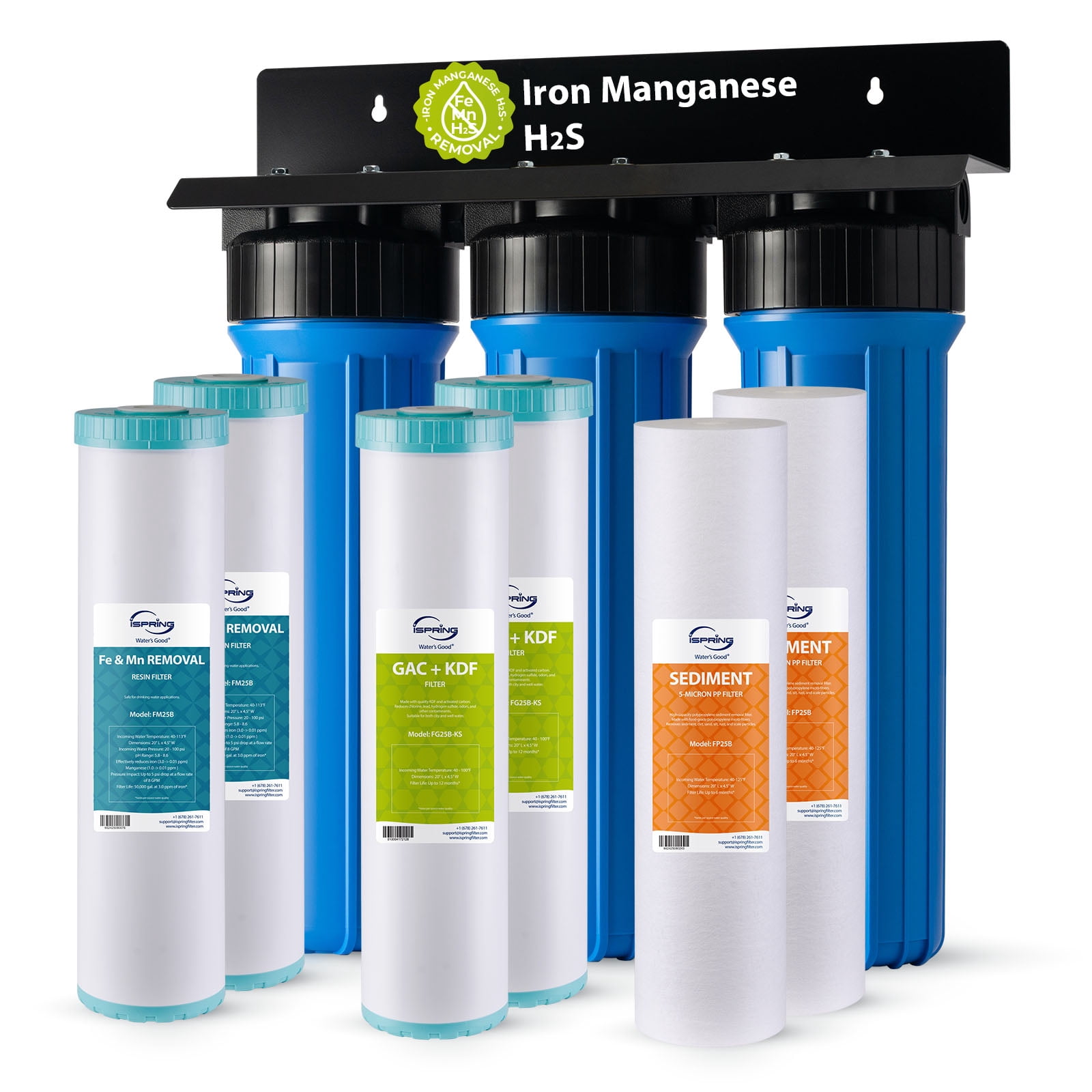iSpring WGB32B-MKS 3-Stage Whole House Water Filtration System, Removes Iron, Manganese, Hydrogen Sulfide, Chlorine, and Sediment, 15 GPM Flow, w/ F3WGB32BMKS Replacement Filter Pack