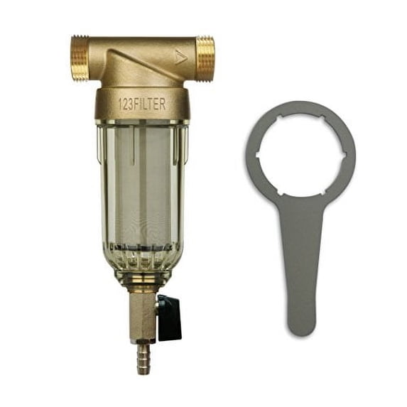 iSpring WSP-100 Reusable Whole House Spin Down Sediment Water Filter, 100 Micron Flushable Prefilter Filtration, 1" MNPT + 3/4" FNPT, Brass