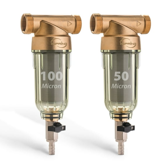 iSpring WSP2PK15 Reusable Whole House Spin Down Sediment Water Filters, Twin Pack with 100 Microns and 50 Microns Filter Sizes, Clear Housing, Lead-Free Brass