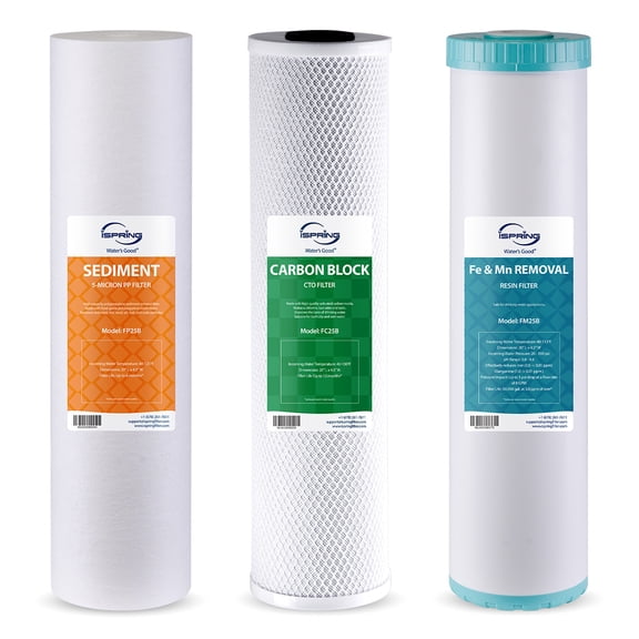 iSpring F3WGB32BM 4.5 x 20 3-Stage Whole House Water Filter Set Replacement Pack with Sediment, CTO Carbon Block, and Iron & Manganese Reducing Cartridges Fits WGB32BM, White (Pack of 1)