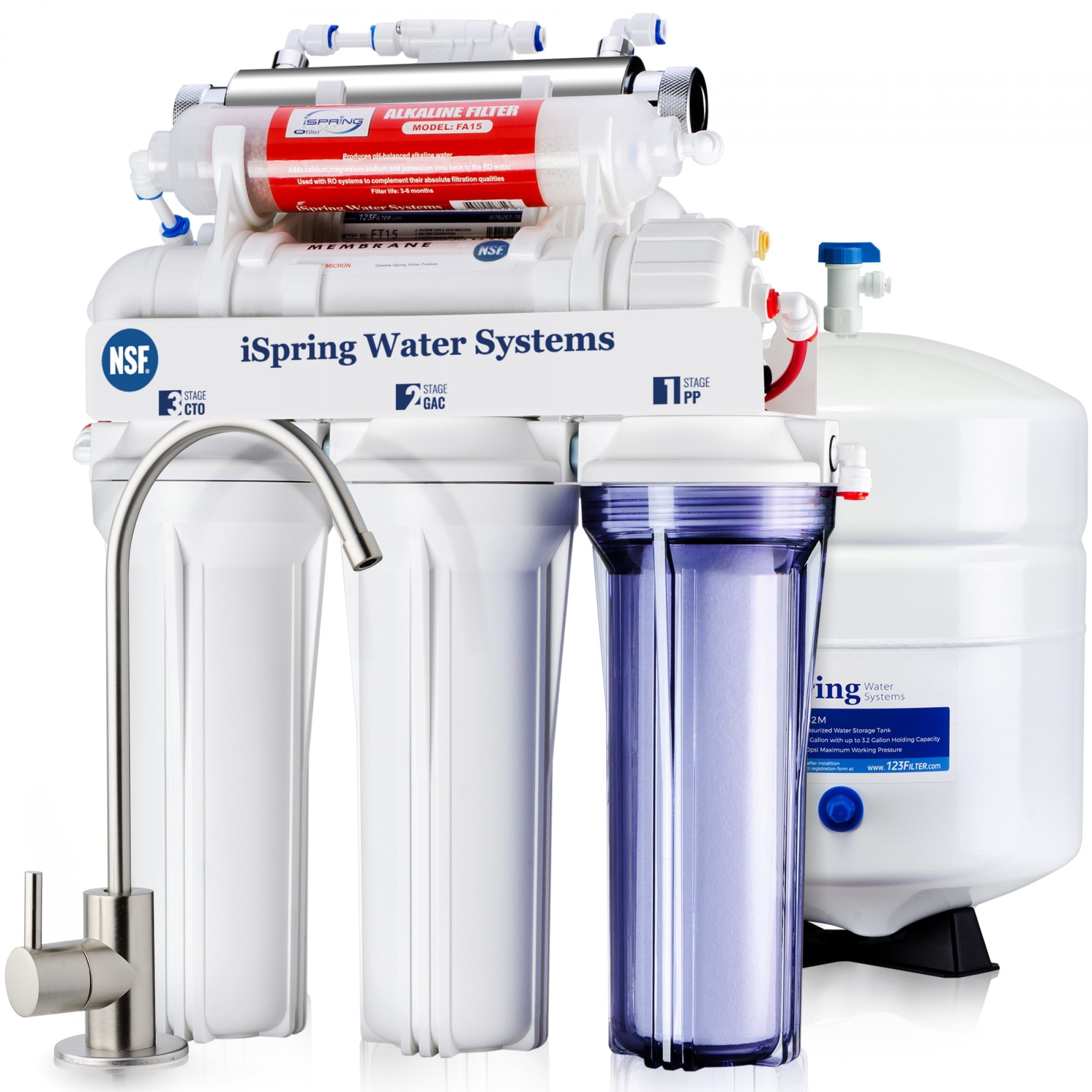 iSpring RCC7AK-UV, NSF Certified 7-Stage Under Sink Reverse Osmosis Water Filtration System, Alkaline Remineralization and UV Filter, Patented Top-Mounted Faucet Design for Easy Installation