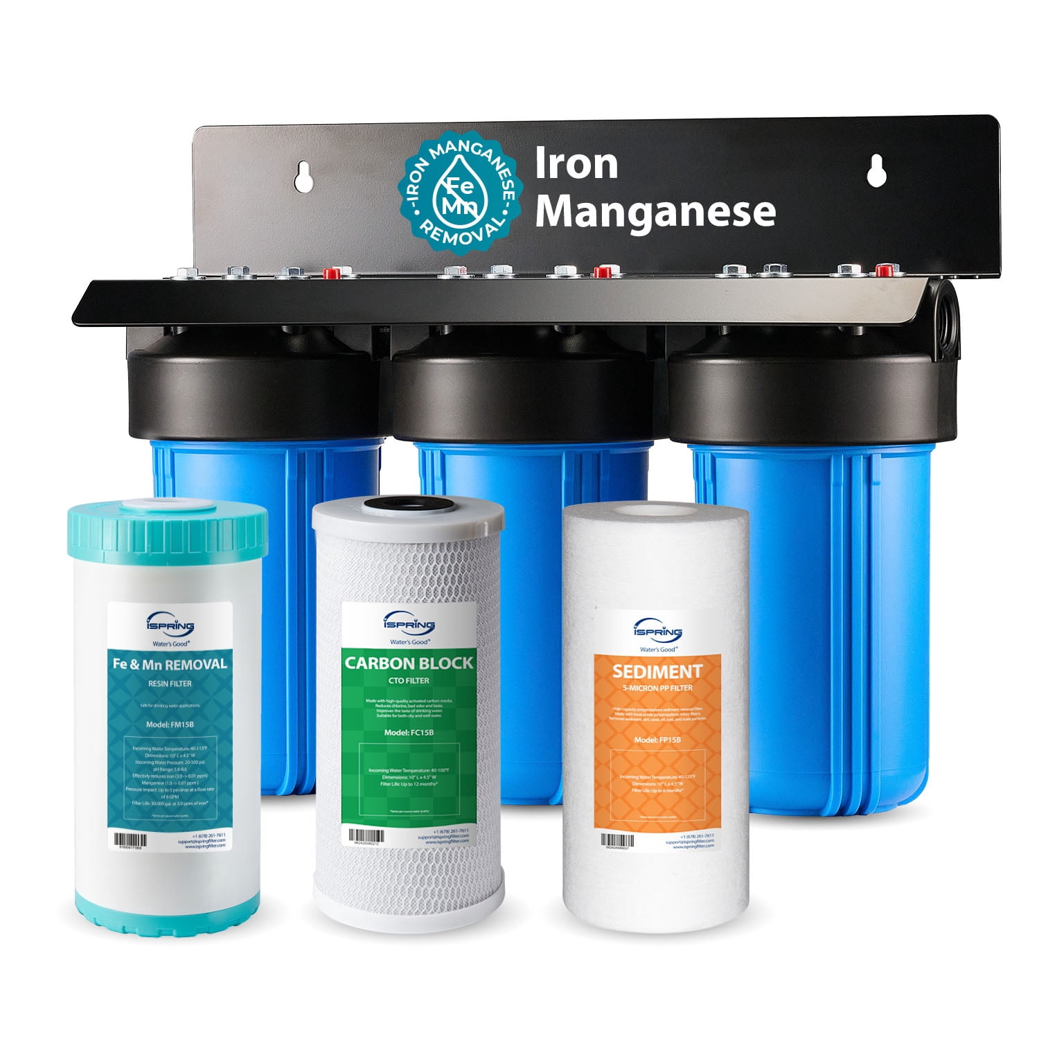 iSpring Whole House Water Filter System, Reduces Iron, Manganese, Chlorine, Sediment, Taste, and Odor, 3-Stage Iron Filter Whole House, Model: WGB31BM, 10” x 4.5” Filters, 1” Inlet/Outlet