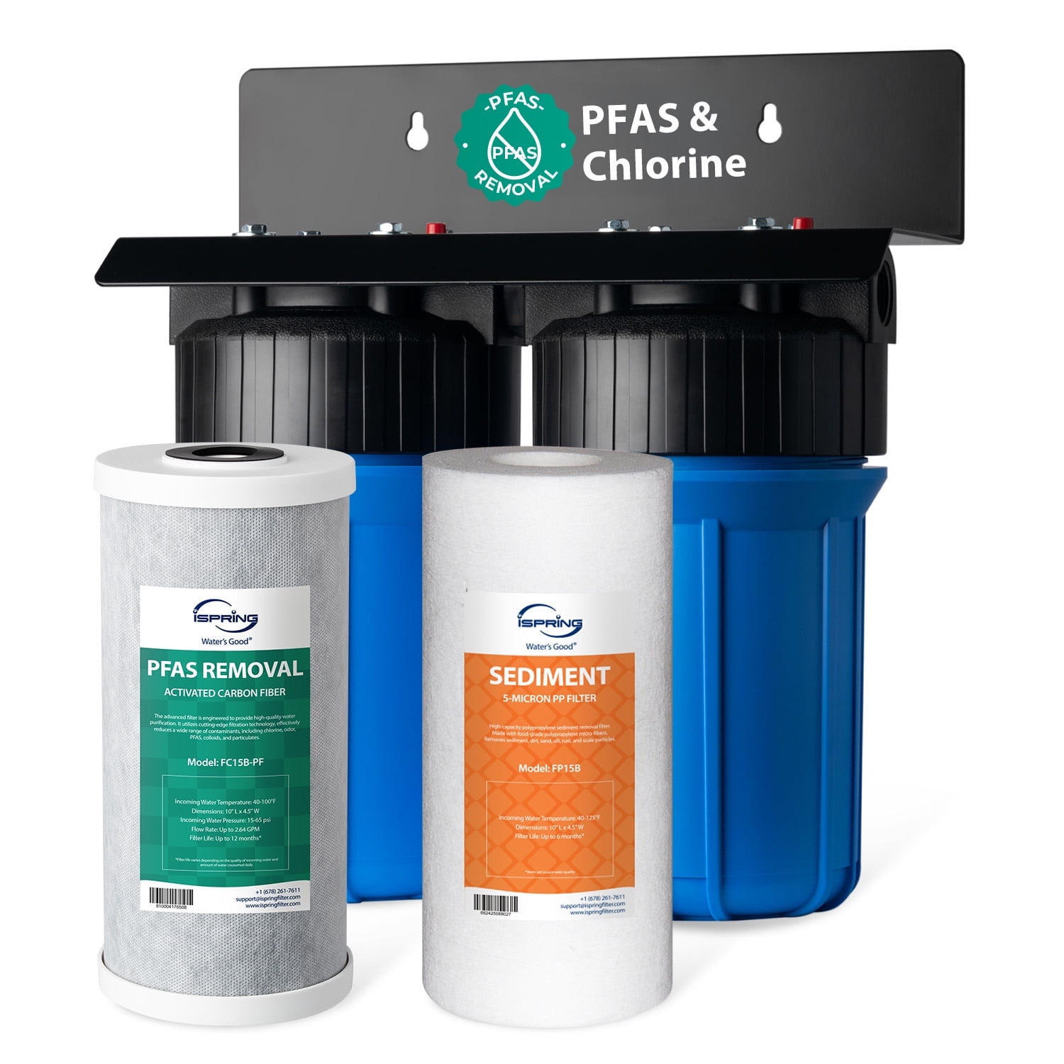 iSpring Whole House Water Filter System, SGS-Tested to Remove up to 99% PFAS, 2-Stage Filtration Reduces Sediment, Chlorine, Chemical, Taste & Odor, 10-Inch Filters, 1" Inlet/Outlet Model: WGB21B-PF