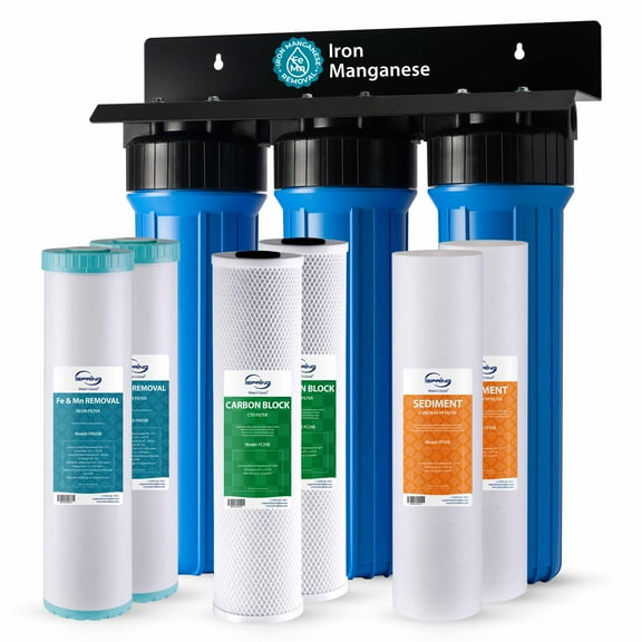 iSpring Whole House Water Filtration System, 3-Stage Iron Filter for Reducing Iron, Manganese, Chlorine, Sediment, Taste, and Odor, Model WGB32BM, Includes Additional Replacement Filter Set