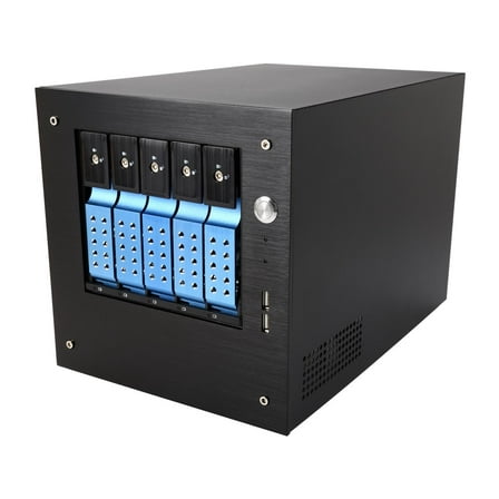 iStarUSA S-35-DE5BL Black Aluminum / Steel Tower Compact Stylish 5x 3.5" Hotswap Trayless mini-ITX Tower - Blue HDD Handle