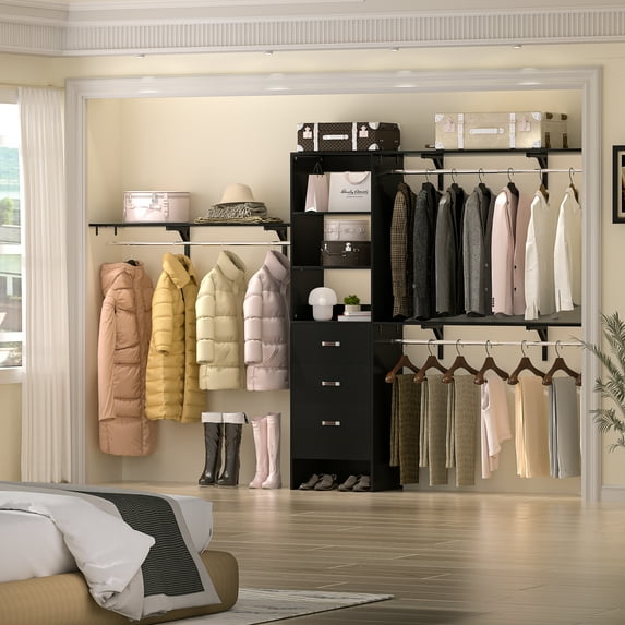 iSunirm 120'' Closet System, 10 Foot Heavy Duty Closet Organizer System with 3 Drawers & 3 Shelf Towers, Walk-In Clothing Hanging Rack for Bedroom, 120" L x 16" W x 75" H, Load 1300 LBS, Black