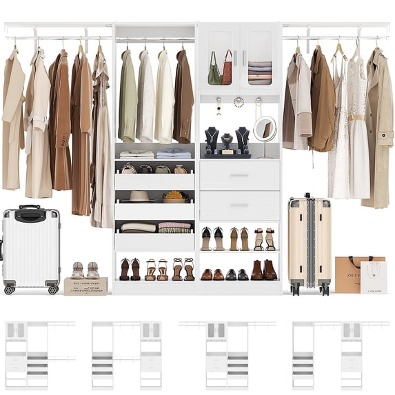 iSunirm 120'' Closet System 2-Piece, 10FT Walk-in Closet System with 5 Drawers & 3 Hanging Rods, Closet with Shoe Racks and Cabinet with Doors, Large Closet Organizer System for Bedroom, White