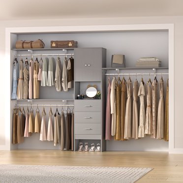 Homieasy Wooden Closet Organizer System With 4 Drawers, 4 Hanging Rods Shelving Towers Heavy Duty Walk In Wardrobe Rack Space Saving Desi