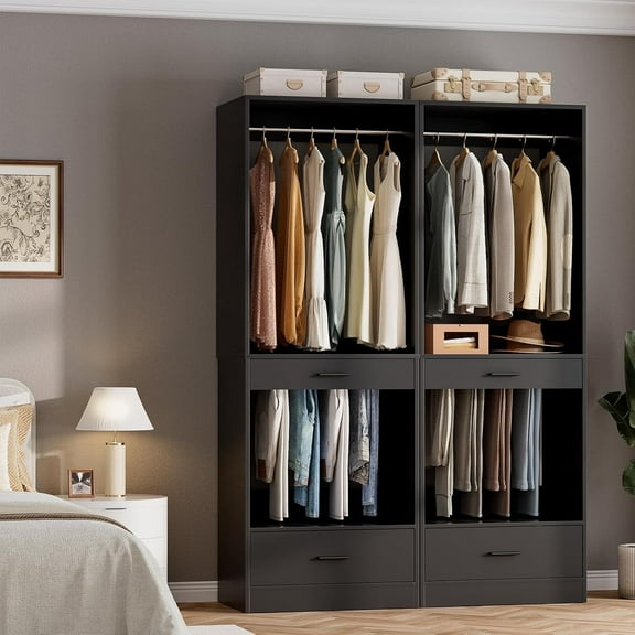 iSunirm 23.6'' Closet System, Freestanding Closet Organizer with Drawer, Hanging Rod & Pants Rack, Closet Storage Unit for Bedroom or Walk-in Closet, Black