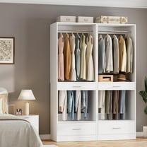 iSunirm 23.6'' Closet System, Freestanding Closet Organizer with Drawer, Hanging Rod & Pants Rack, Closet Storage Unit for Bedroom or Walk-in Closet, White