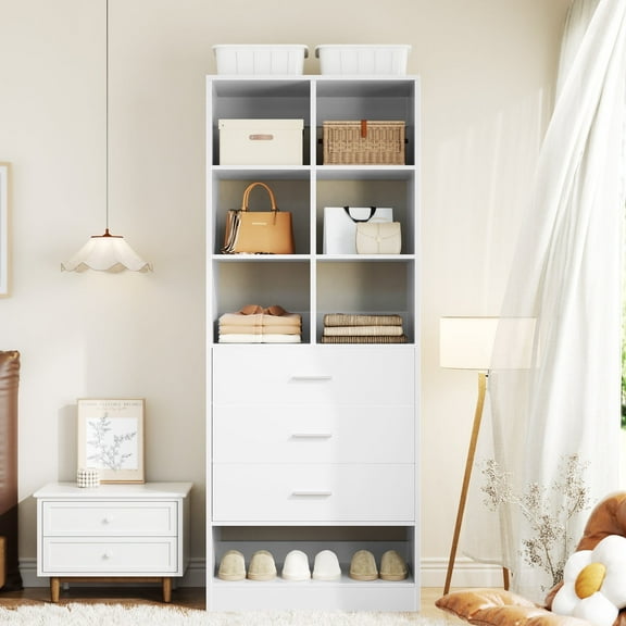 iSunirm 23.6'' Modular Closet System with 3 Drawers and 6 Cube Storage, Freestanding Wood Walk-in Closet Organizers, White