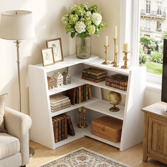 iSunirm 3-Tier Ladder Bookcase, Reversible Corner Ladder Shelf Display Shelf for Living Room, Home Office, White