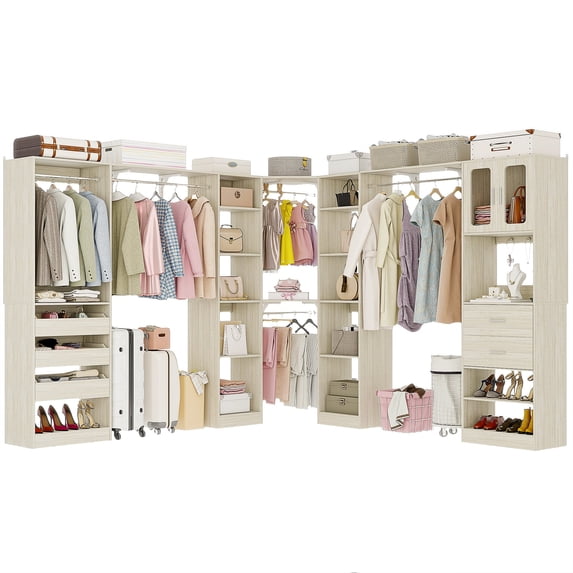 iSunirm 3-in-1 Walk-in Closet System, Large L Shaped Closet Organizer System with Drawers and Storage Shelves, Heavy Duty Wardrobe Closet Garment Rack, 80" Height, for Bedroom & Closet, White Oak
