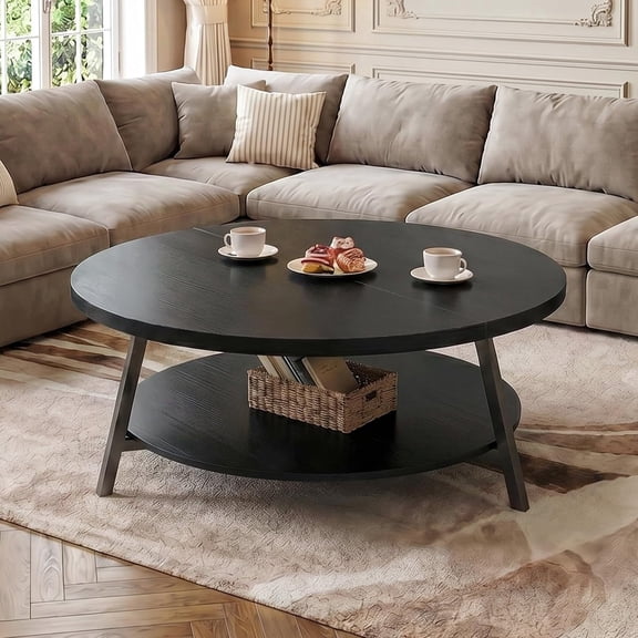iSunirm 35.4" Round Coffee Table with Storage, 2-Tier Small Modern Wood Coffee Tables for Living Room, Black Walnut
