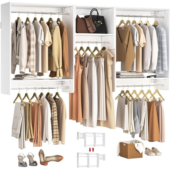 iSunirm 36" - 96" Wall Closet System, 8FT Heavy Duty Closet Organizer with 5 Hanging Rods & 3 Storage Shelves, Reversible Wood Clothing Rack for Home, Cut Be Cut to Fit, Max Load 1200 LBS, White