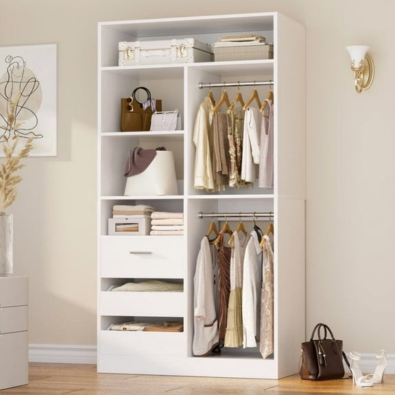 iSunirm 36" Free Standing Walk-in Closet System with 3 Wooden Drawers, Closet Organizer System with Hanging Rods and Storage Shelves, Heavy Duty Closet for Bedroom, 36"L*80"H*16"W, White