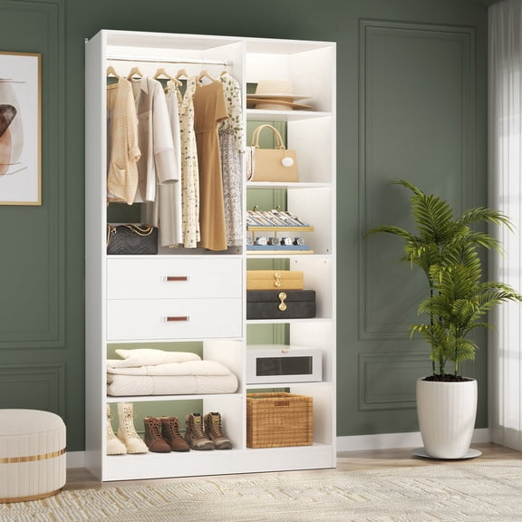 iSunirm 39.4'' Closet Organizer with Drawers, Walk-in Closet System with Hanging Rods and Shelves for Storage & Organizer, White