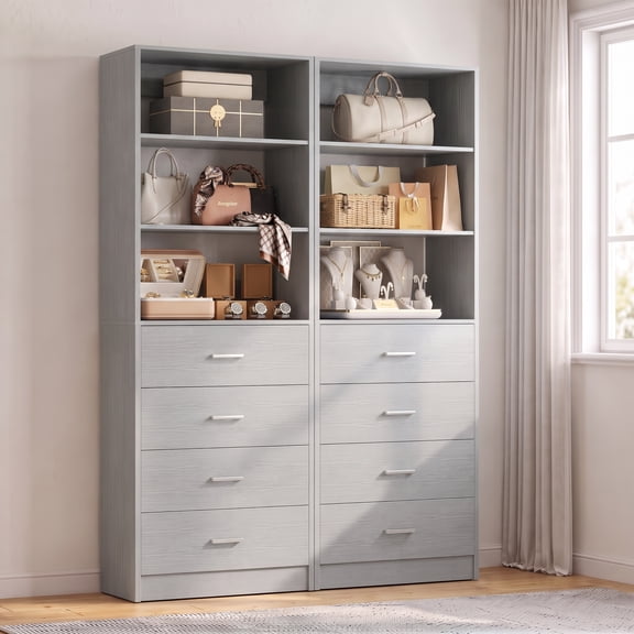 iSunirm 42.5'' Closet System with 8 Drawers, Walk-in Closet Organizers and Storage System with Shelves for Closet, Bedroom, Gray, 2 Packs