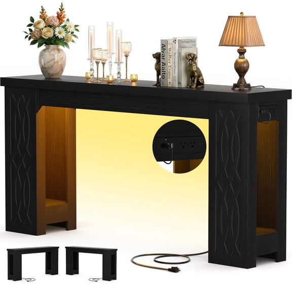 iSunirm 47'' Console Table with Charging Station, Narrow Entryway Table with LED Light, Thickened End Table for Entrance, Living Room, Bedroom, Black