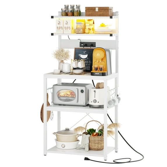 iSunirm 5-Tier Bakers Rack with Power Outlet, Microwave Stand, Coffee Bar Station with RGB Led Light, kitchen Storage Shelf with 6 Hooks, Kitchen Rack for Spices, Pots, and Pans, White