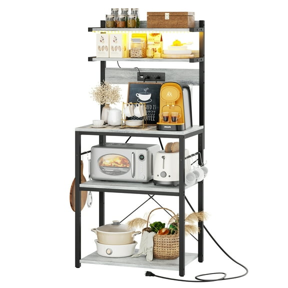 iSunirm 5-Tier Bakers Rack with Power Outlet, Microwave Stand, Coffee Bar Station with RGB Led Light, kitchen Storage Shelf with 6 Hooks, Kitchen Rack for Spices, Pots, and Pans, White Oak