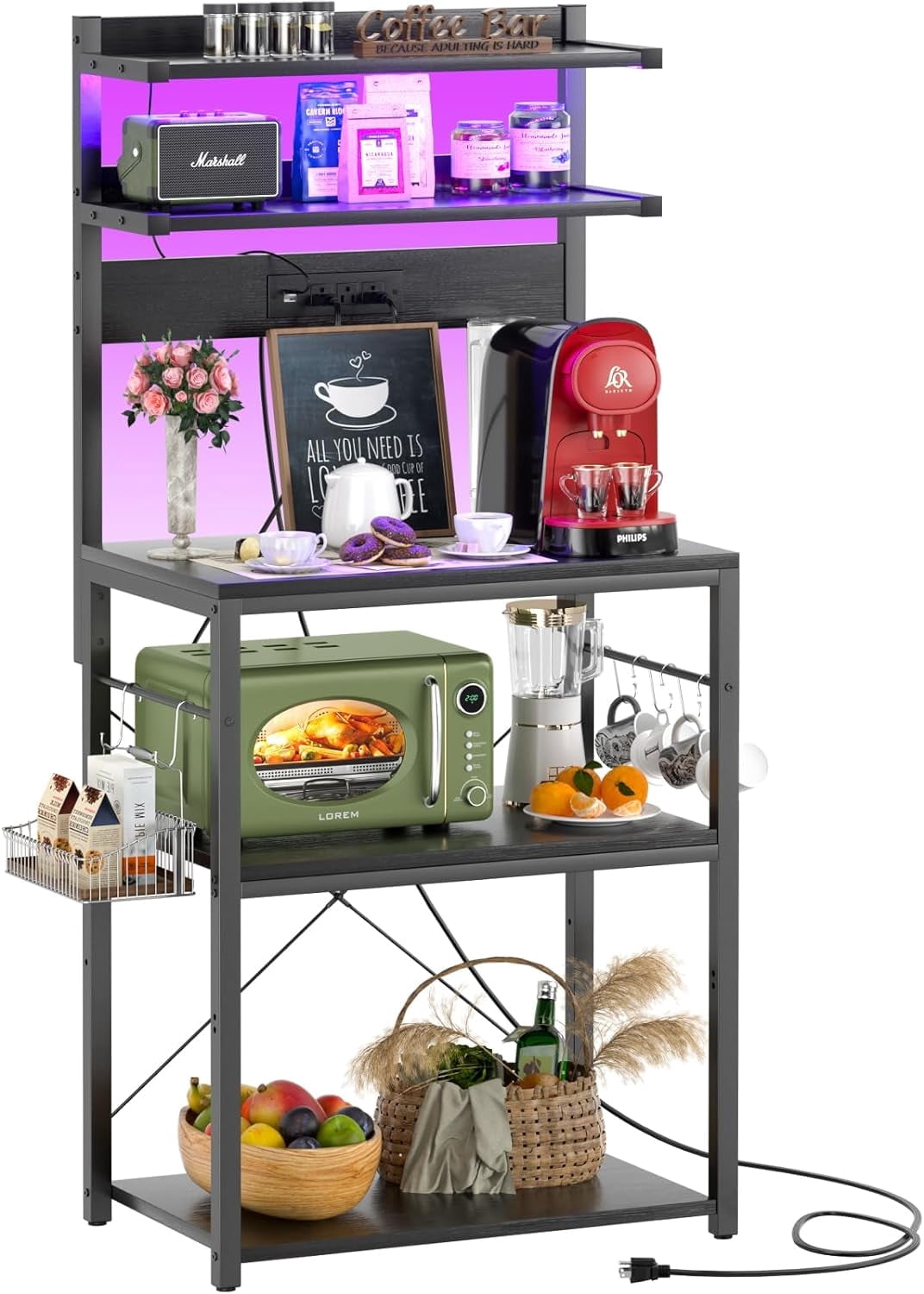 iSunirm 5-Tier Bakers Rack with Power Outlet, Microwave Stand, Coffee Bar Station with RGB Led Light, kitchen Storage Shelf with 6 Hooks, Kitchen Rack for Spices, Pots, and Pans, Black