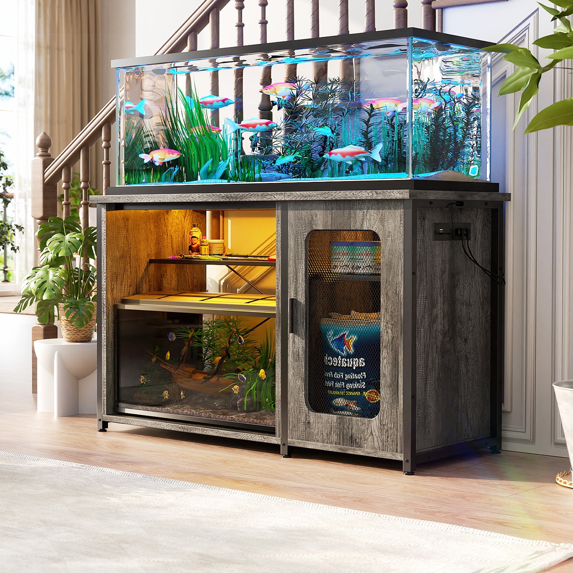 Gray Metal Aquarium Stand Cabinet with RGB Lighting and Power Outlets