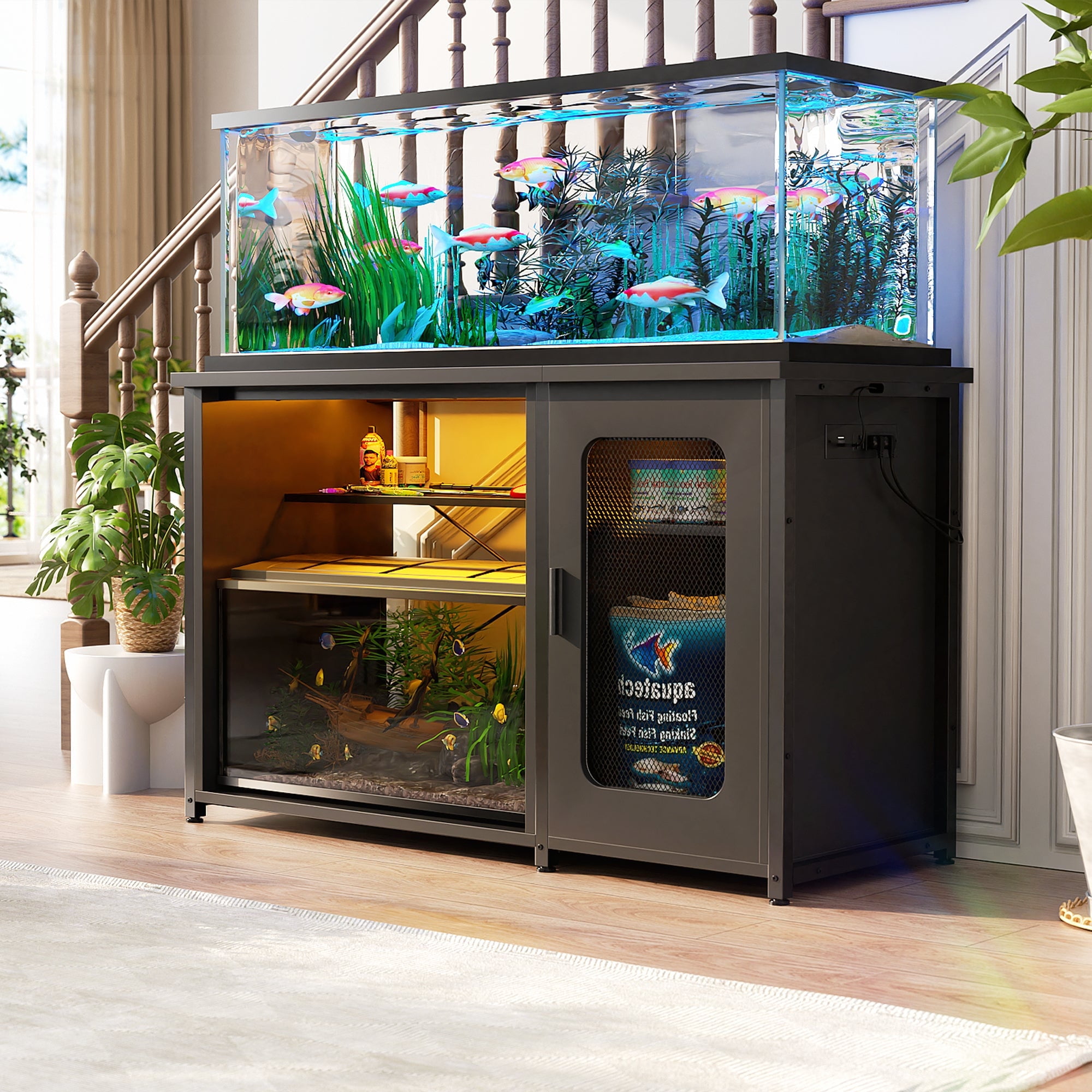 Black Metal 55-75 Gallon Fish Tank Stand with Cabinet and Shelves