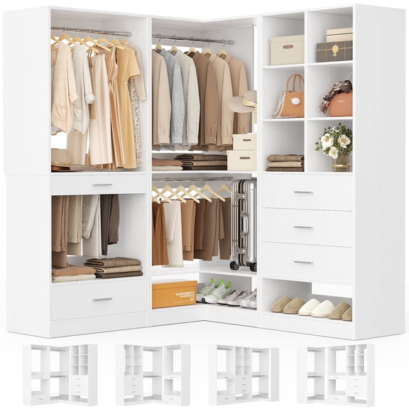 iSunirm 55''L x 55''W 2-Piece Closet Organizer System, Corner Wardrobe System with 4 Drawers and Cube Storage, Reversible Organizer Unit for Closet, Bedroom, White