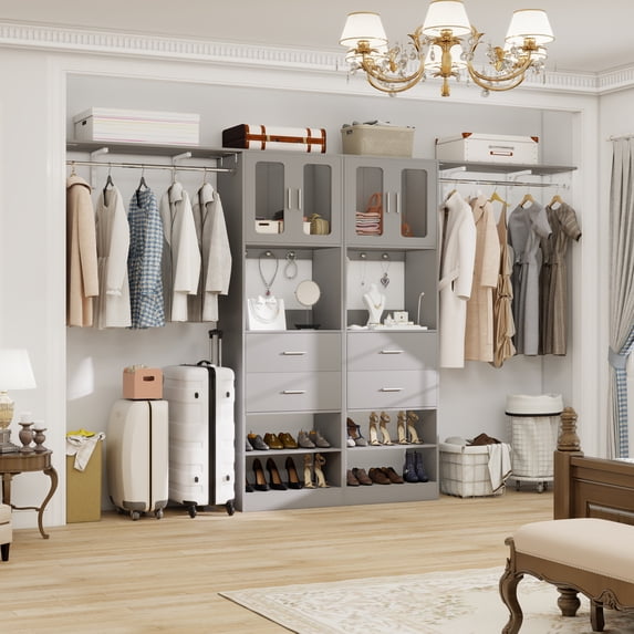 iSunirm 5FT Closet System with 2 Sets, 120'' Walk in Closet with 4 Drawers & Doors, Heavy Duty Closet Organizer with 2 Hanging Rods, Wardrobe Closet Clothing Rack, Load 1200+LBS, Gray