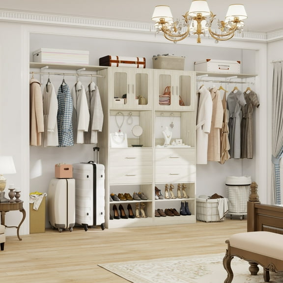 iSunirm 5FT Closet System with 2 Sets, 120'' Walk in Closet with 4 Drawers & Doors, Heavy Duty Closet Organizer with 2 Hanging Rods, Wardrobe Closet Clothing Rack, Load 1200+LBS, White Oak