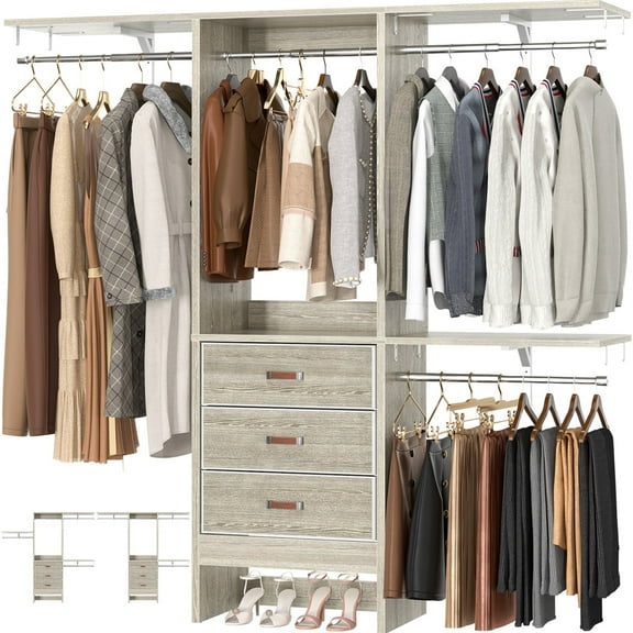 iSunirm 5FT Small Closet System with 3 Fabric Drawers, Walk In Clothes Organizer System With 3 Adjustable Shelves, Heavy Duty Closet Rack, Garment Rack for Bedroom, White Oak