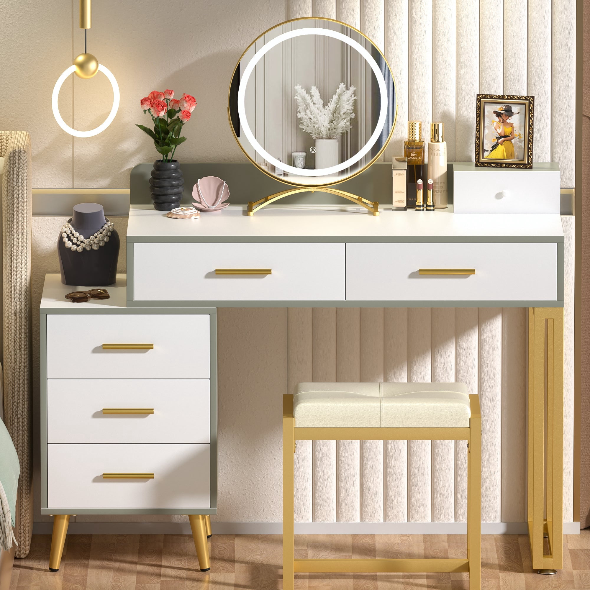 iSunirm 6 Drawers Vanity Desk for Bedroom, White & Cyan Makeup Table ...