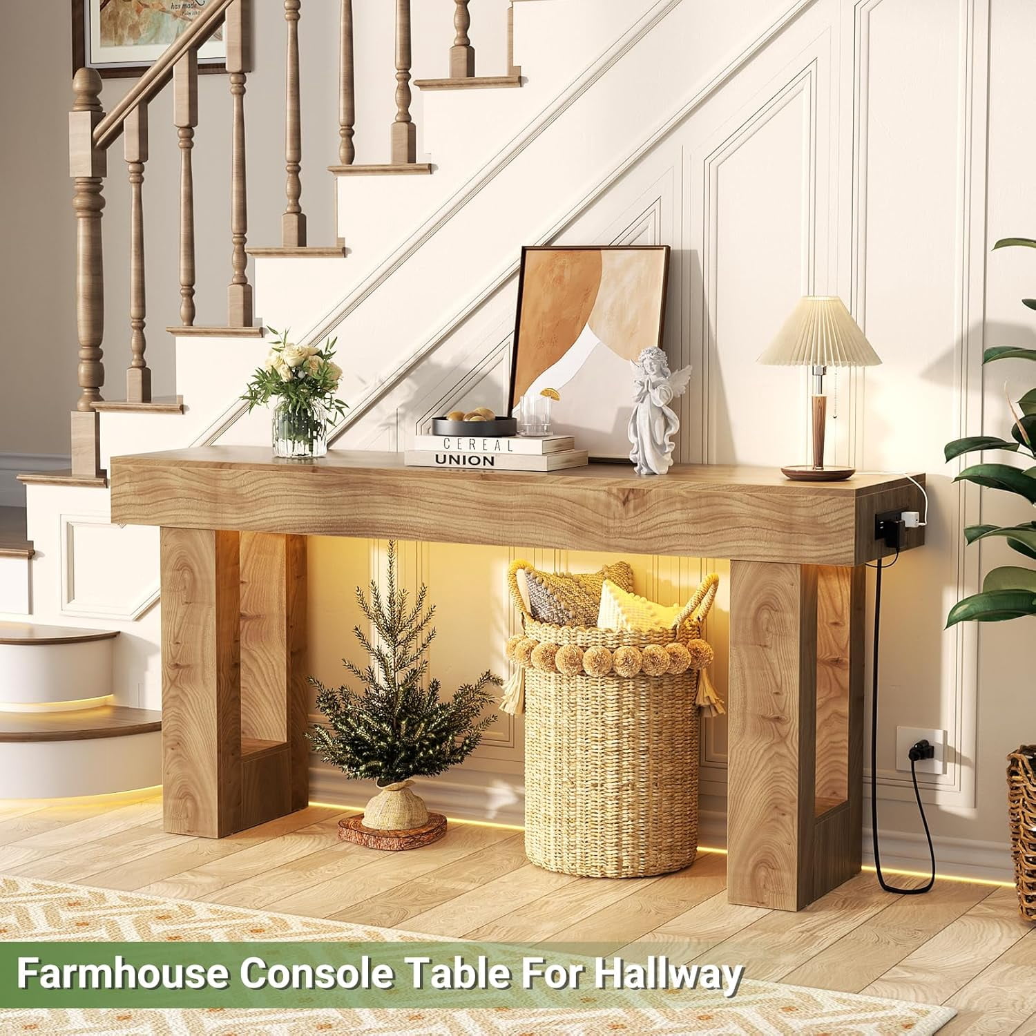 iSunirm 63" Farmhouse Console Table with Power Outlets and Sensor Light, Wooden Narrow Entryway Table with Storage for Entrance, Hallway, Living Room