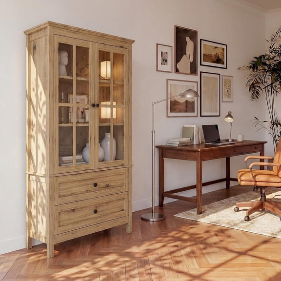 iSunirm 63'' Tall Bookcase with Drawers, Farmhouse Bookcase with Glass Doors and Adjustable Shelf for Home, Office, Yellow Oak