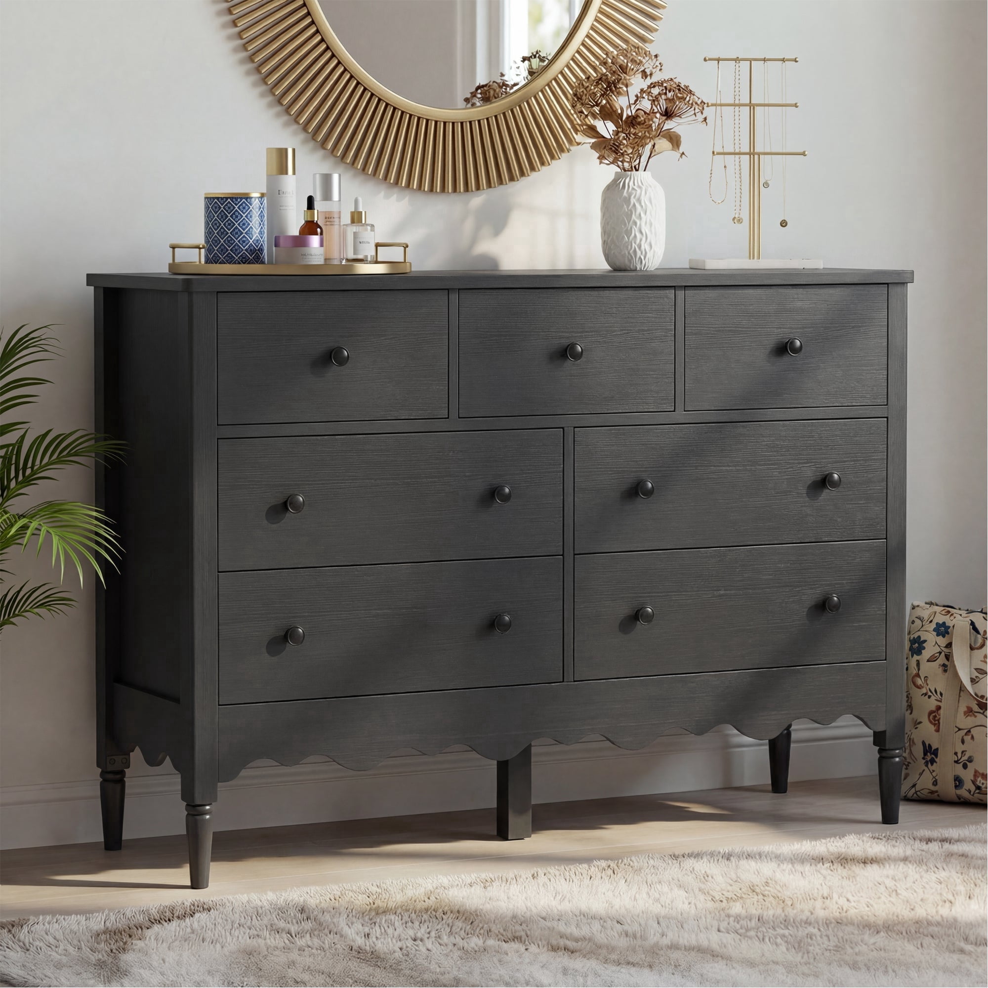iSunirm 7-Drawer Dresser, Farmhouse Wooden Chest of Drawers for Bedroom, Closet, Black