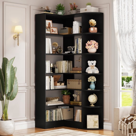 iSunirm 7-Tier Corner Bookshelf with Baffle, 71'' Tall L-Shaped Bookcase Display Shelf with 13 Open Storage Shelves for Home and Office