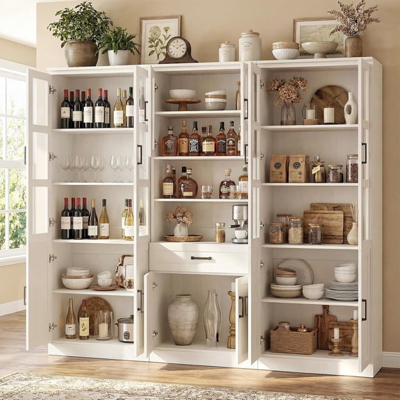 iSunirm 70.8'' Width Kitchen Pantry Cabinet 3-Piece Set, 79.7'' Tall Kitchen Hutch Cabinet with Drawer, Glass Doors, and Adjustable Shelves for Kitchen, Dining, Living Room, White