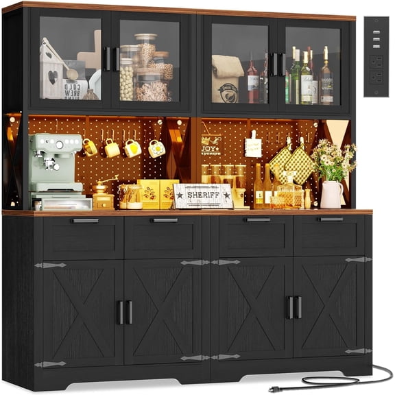 iSunirm 71'' Kitchen Pantry Storage Cabinet Set of 2, 63'' Width, Kitchen Hutch with Charging Station, LED lights, 4 Drawers & 12 Hooks, Food Cupboard for Kitchen/Dining, Black & Walnut