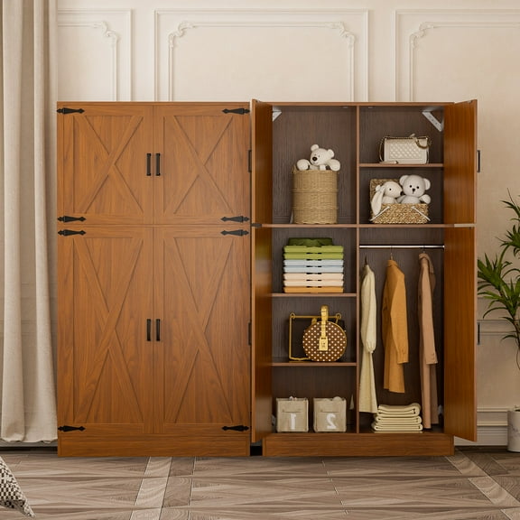iSunirm 71'' Modern Farmhouse Armoire Wardrobe Closet with Clothes Hanging Rod, 4 Door Wardrobe Closet with Adjustable Storage Shelves, Wardrobe for Bedroom, Cherry