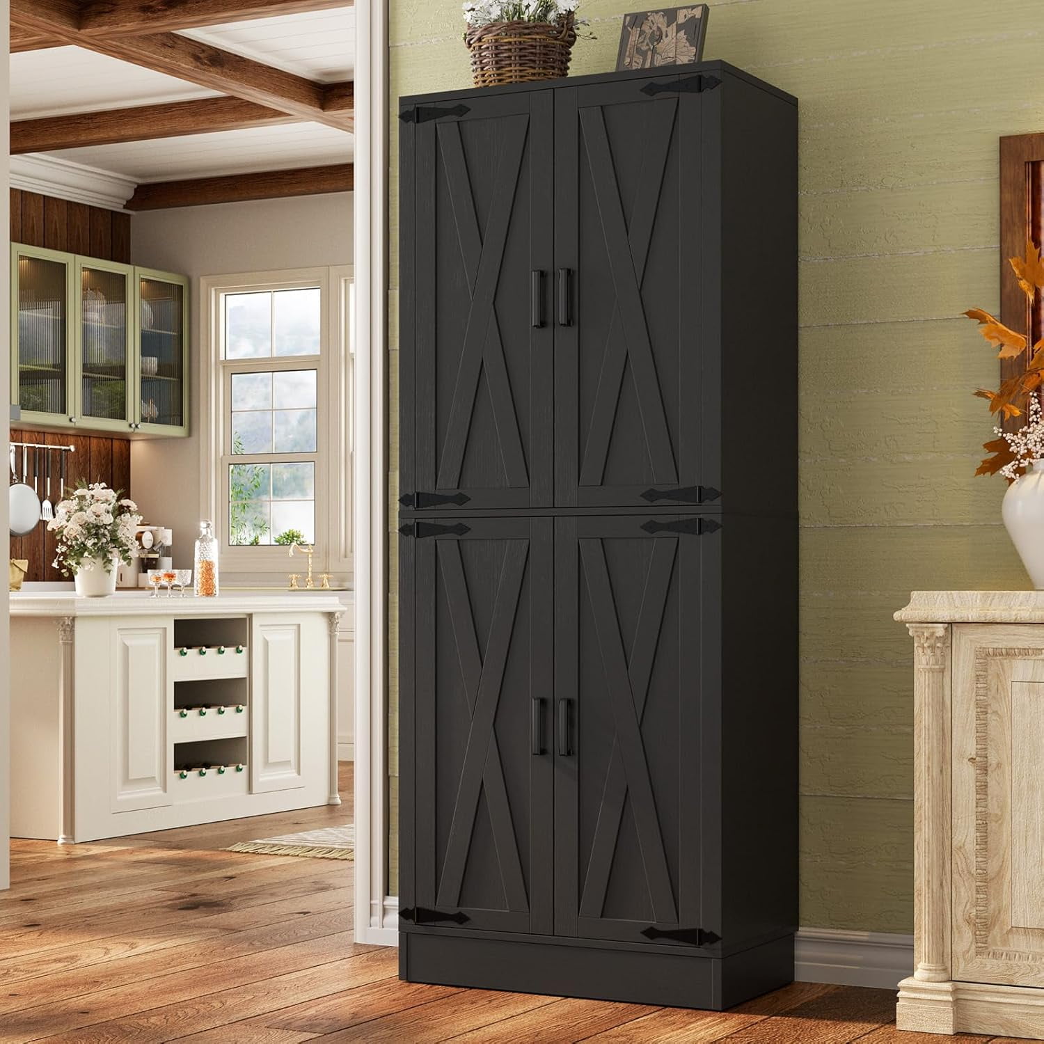 iSunirm 71" Tall Kitchen Pantry Storage Cabinet with Drawer, 4 Doors and 4 Adjustable Shelves, Freestanding Wood Farmhouse Pantry Cabinet for Kitchen, Dining Room, Pantry